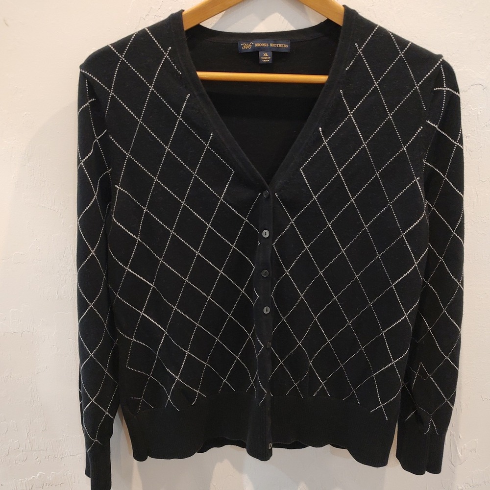 Brooks Brothers Black White Argyle Cardigan Cotton Preppy Sweater Sz XL Buttonup